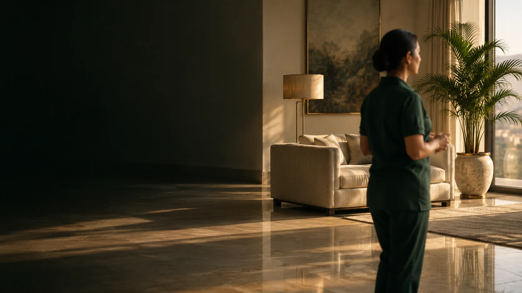 A PMS housekeeper in a green uniform in a sunlit living room with a cream sofa and marble floor.