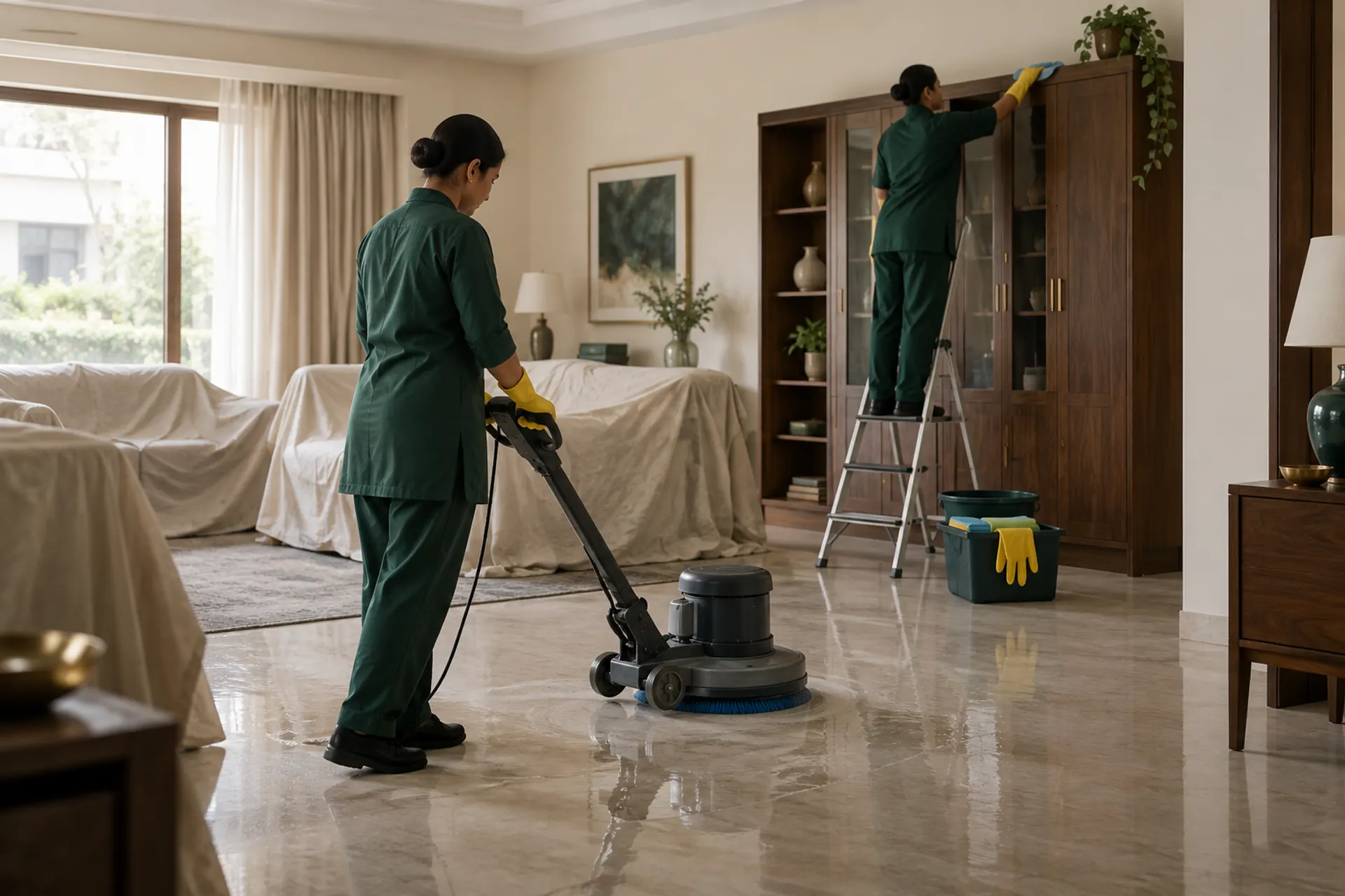 A PMS deep cleaning team at work in a family home.