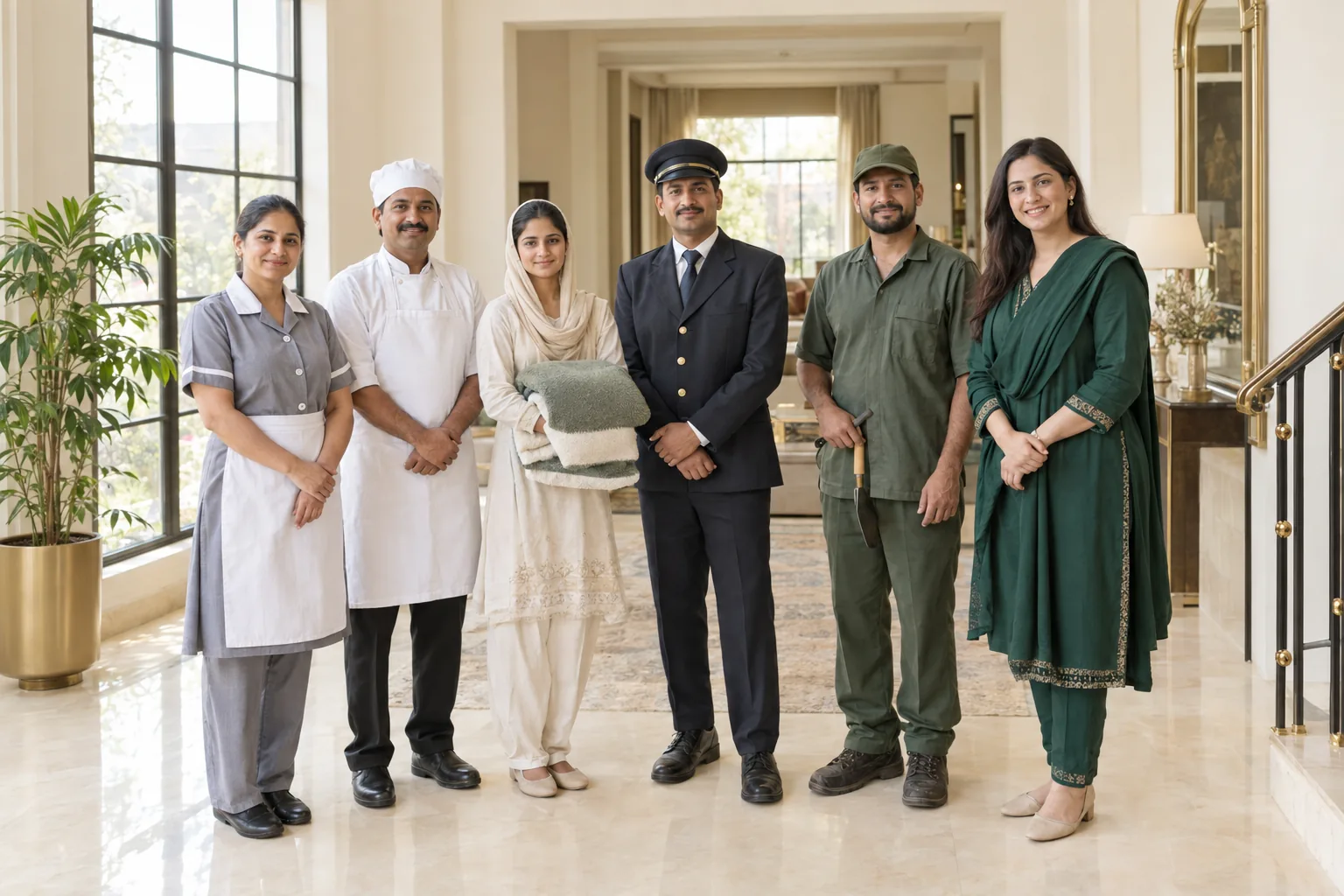 Pakistan Maid Services staff in an Islamabad home: a housekeeper, a cook, a nanny, a driver, a gardener and their supervisor.